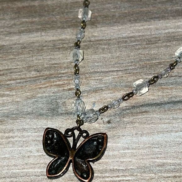 Butterfly Enamel Beaded Necklace Cooper Tone Purple/Pink Beaded/Rhinestone - Picture 6 of 7